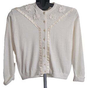 - Ste. Laurent Vintage Cream Embellished 3/4 Sleeve Cardigan Sweater Wms Small